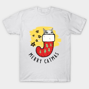 Cat in Christmas sock, Merry Catmas with star, Merry Christmas with cat T-Shirt